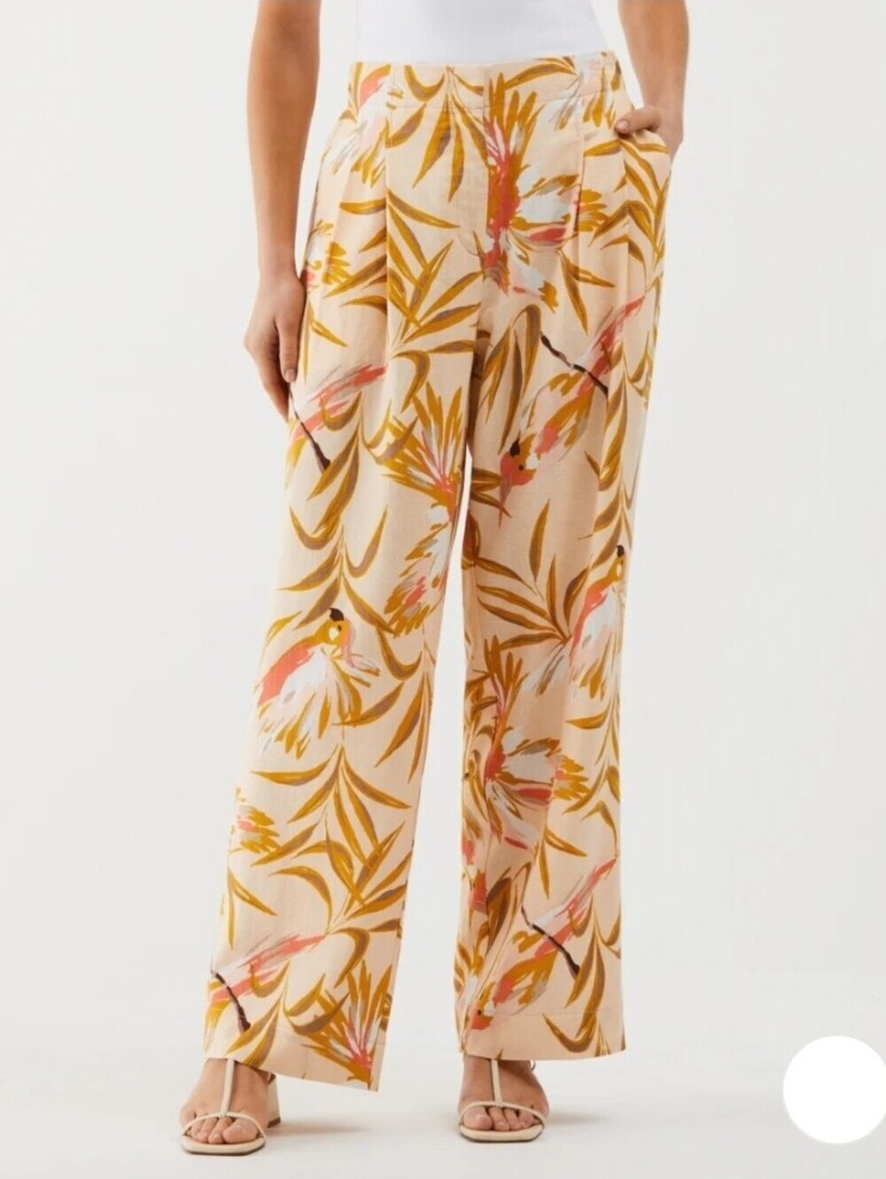 Paradise Print Linen Blend Pleated Wide Leg Pant Tropical Parrot Resort Vacay